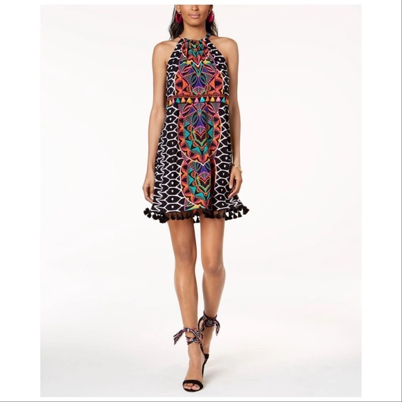 Trina Turk X INC Tribal Print Tassel Hem Halter Dress Multicolor Medium - Picture 1 of 13